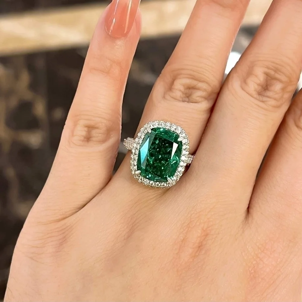 18K White Gold 8.0ct Emerald Cushion Cut Halo Diamond Ring Engagement Wedding